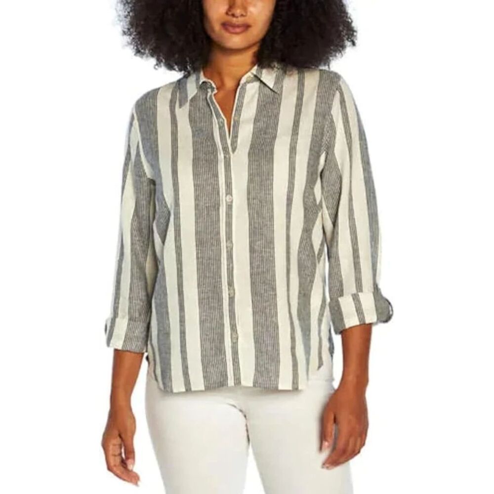 Orvis striped white black shirt button up XL 100% cotton beach vacation coastal